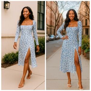 REFORMATION Sigmund Milonesa Blue White Floral Long Sleeve Slit Midi Dress Sz 24